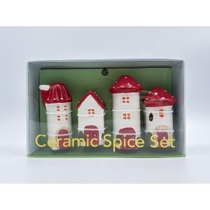 Wild Eye Designs Ceramic Mushroom House Spice Shaker Set of 4 New In Box Cottage